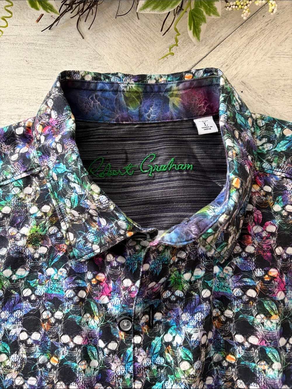 Robert Graham Multicolor Floral & Skull Print Button-Up in Blue, Green, Purple
